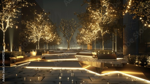 Futuristic City Park with Metal Trees and Geometric Benches
