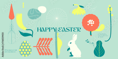 Happy Easter! Vector cute naive simple gouache illustrations of Easter eggs, bunny, carrot, pattern, flowers, tulip, snowdrop, for greeting card, invitation or background.
