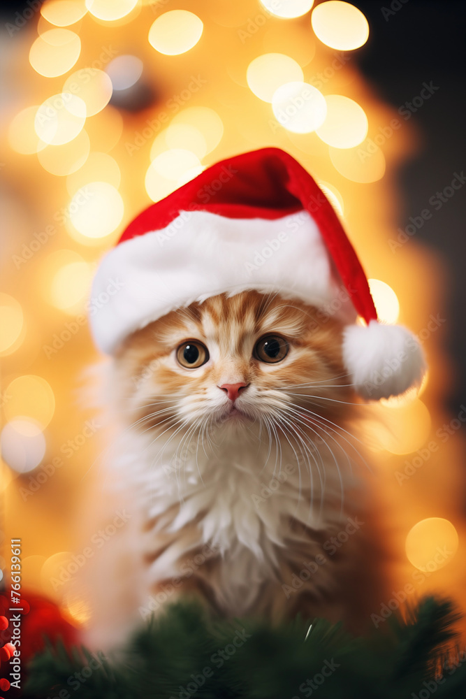 Cat in Santa hat on Christmas tree background. Happy new year backdrop. Celebrating winter holidays card.
