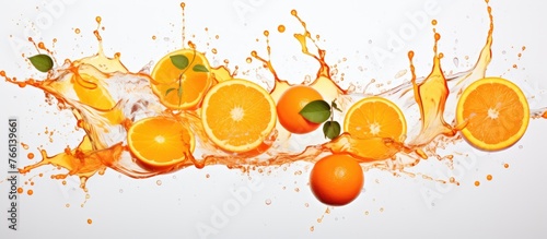 A vibrant display of citrus fruits including Valencia oranges, Clementines, Tangerines, and Rangpurs, with a splash of orange juice on a white background photo