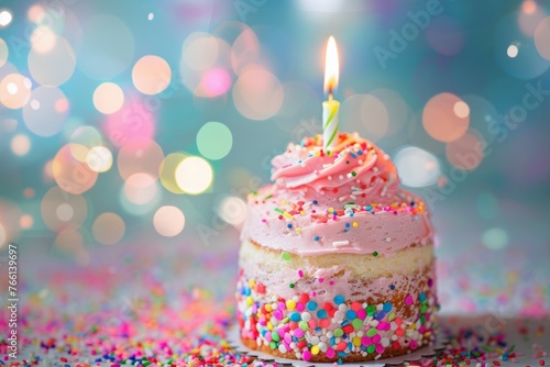 pink cake with a candle on a blurred festive background with a side.