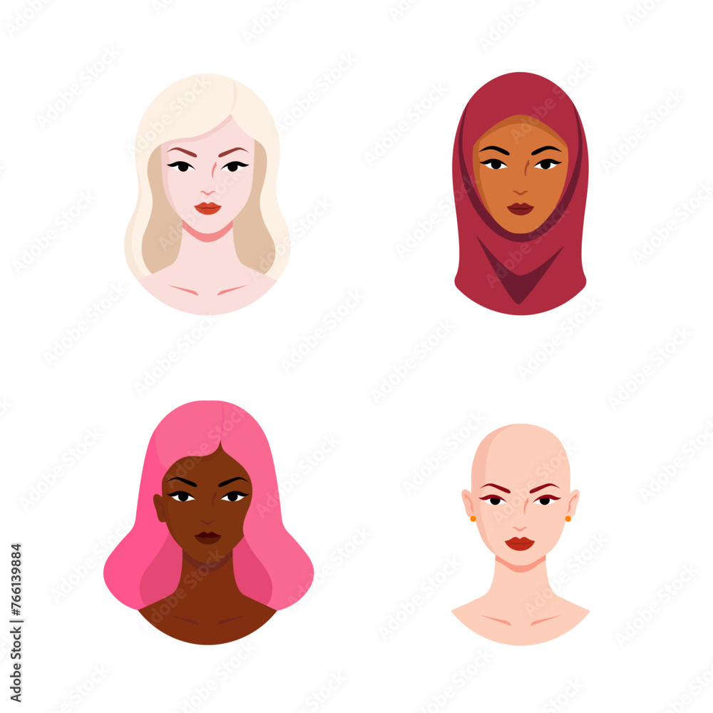 Multi-ethnic women. Group of women with different religion, nationality, hair and skin color. The concept of women, femininity, diversity, independence and equality. Vector illustration