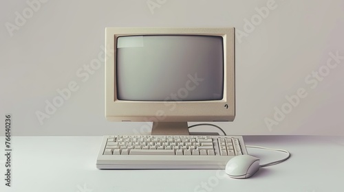 Old classic vintage 90s computer monitor with keyboard and mouse isolated in white background.