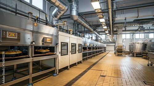 A modern bakery factory with industrial ovens and production lines, ideal for showcasing large-scale baking operations
