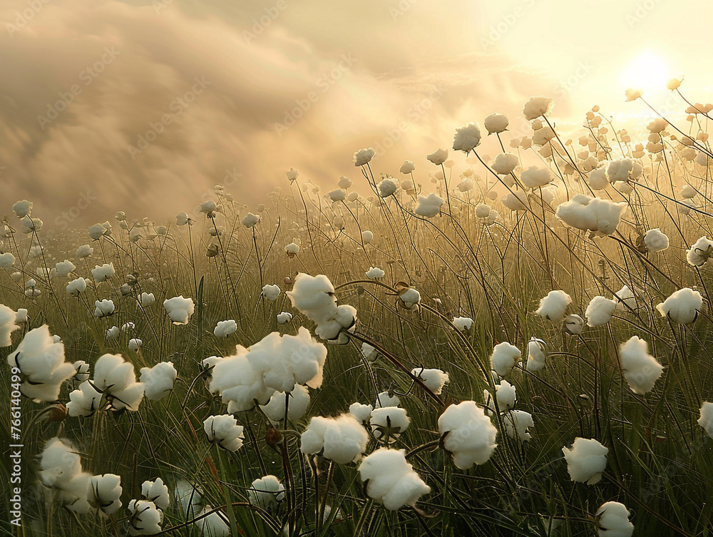 Field of cotton flowers blowing in the wind. There are many cotton flowers flying in the air.