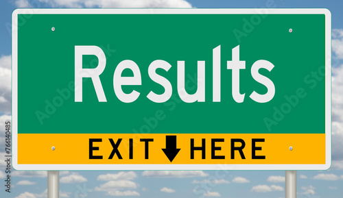 Green and yellow highway sign with exit arrow for RESULTS