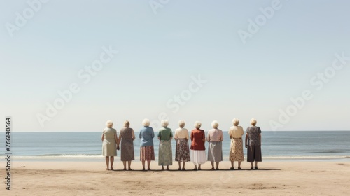 A group of women are standing on a beach, with the ocean in the background