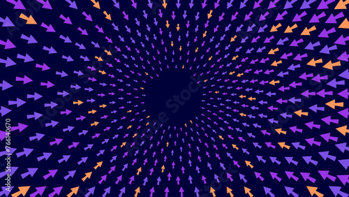 Purple and Orange Arrows Pointing to the Center Background. Dynamic Arrow Symbols. Focus on Your Goal Target. Focus Concept. Converging Radial Lines Design Element. Arrows Pattern Vector Illustration photo