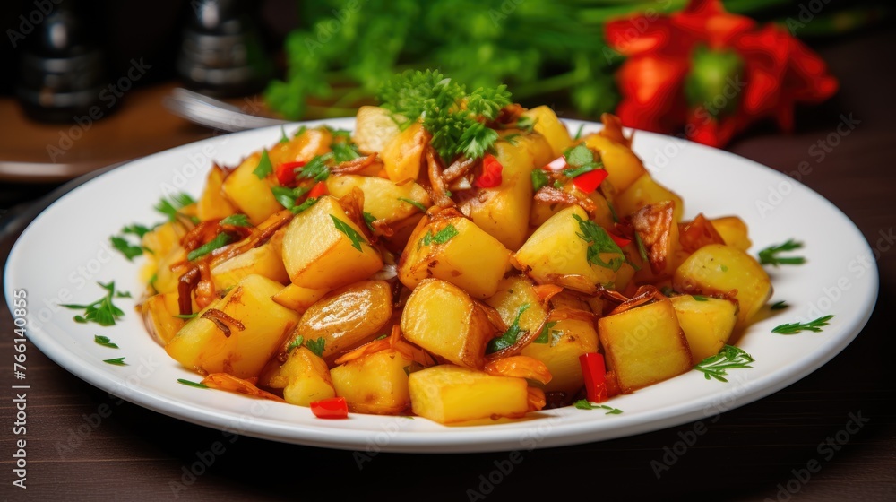 Fried potatoes with spices on a plate on the table. The concept of delicious and healthy homemade food. Organic vegetables, vegetarian recipes. Fried potatoes with spices on a plate on the table. The concept of delicious and healthy homemade food. Organic vegetables, vegetarian recipes.