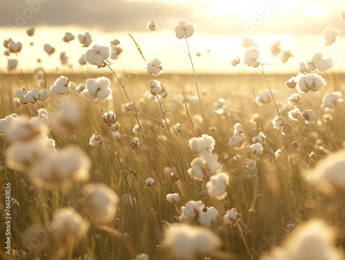 Field of cotton flowers blowing in the wind. There are many cotton flowers flying in the air.