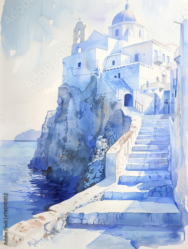 A watercolor painting depicting a set of stone steps leading up to a historic church building © pham