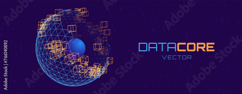 Data Core Quantum Processing. Deep Learning Big Data Artificial Intelligence Server Concept. Future New Blockchain Technology for Business or Science Presentation. Vector Background.