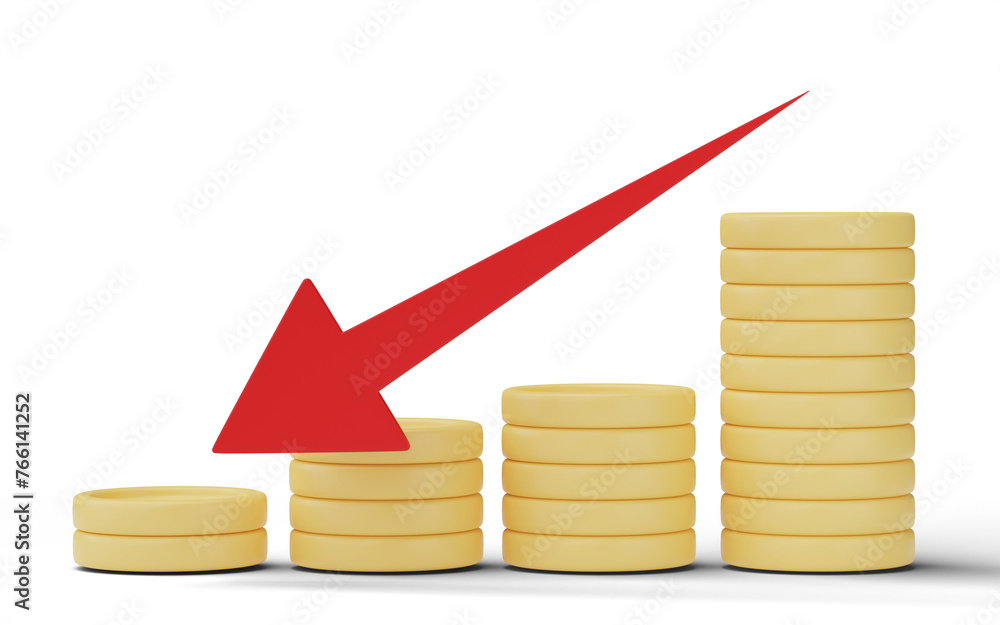 Arrow pointing down on stack of coins isolated on transparent background.