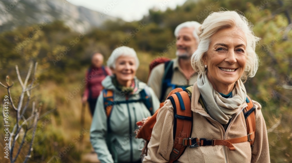 A close-up of a woman leading a hike with friends, surrounded by the beauty of autumn's colors in a mountainous area.