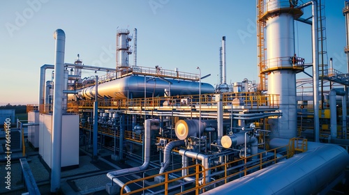 A contemporary gas processing plant with equipment and facilities, ideal for adding an industrial and natural gas theme to designs.