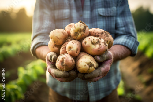Man holding freshly dug potatoes in hands