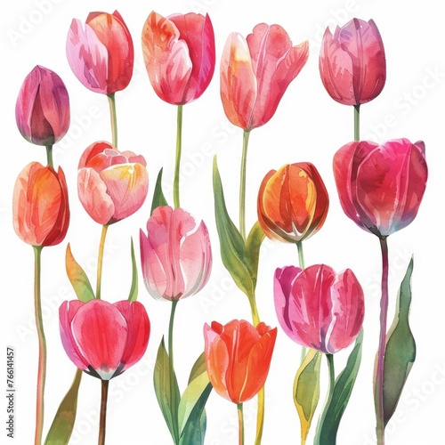 Watercolor tulip clipart in different shades of pink, red, and orange , on white background