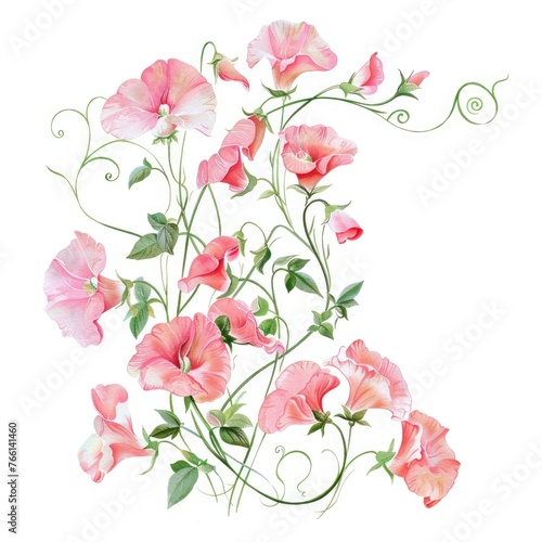 Watercolor sweet pea clipart with pastelcolored blooms and curly tendrils , on white background