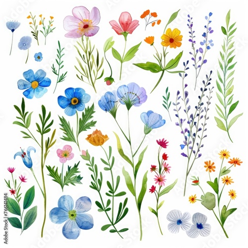 Watercolor wildflower clipart featuring a mix of colorful blooms and greenery , on white background