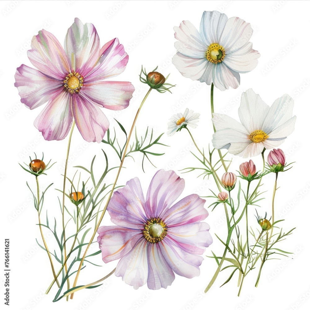 Watercolor cyclamen clipart with delicate pink and white blooms , on white background Watercolor cyclamen clipart with delicate pink and white blooms , on white background