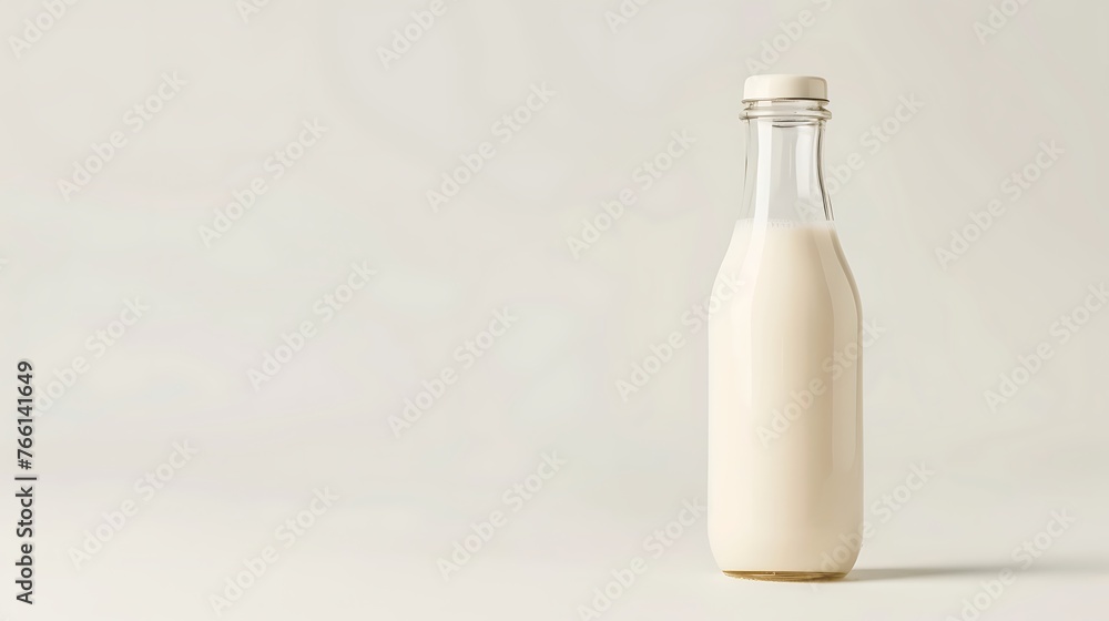 Glass milk bottle mockup with blank label on bokeh background Glass milk bottle mockup with blank label on bokeh background