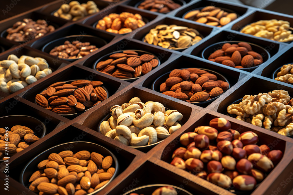 Various nuts in wooden boxes in rows. Various nuts in wooden boxes in rows.
