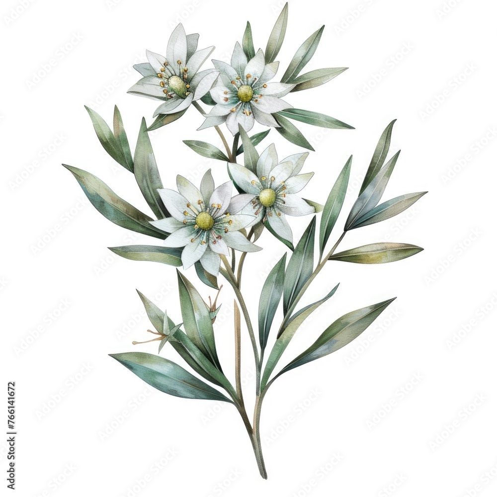 Watercolor edelweiss clipart with small white flowers and green leaves , on white background