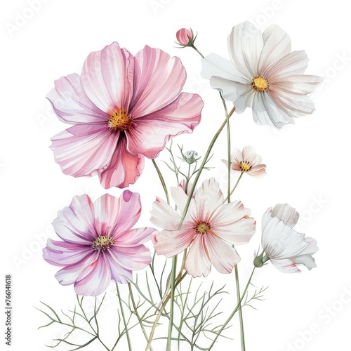 Watercolor cyclamen clipart with delicate pink and white blooms   on white background