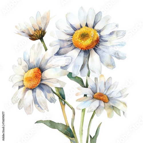 Watercolor daisy clipart with white petals and yellow centers   on white background