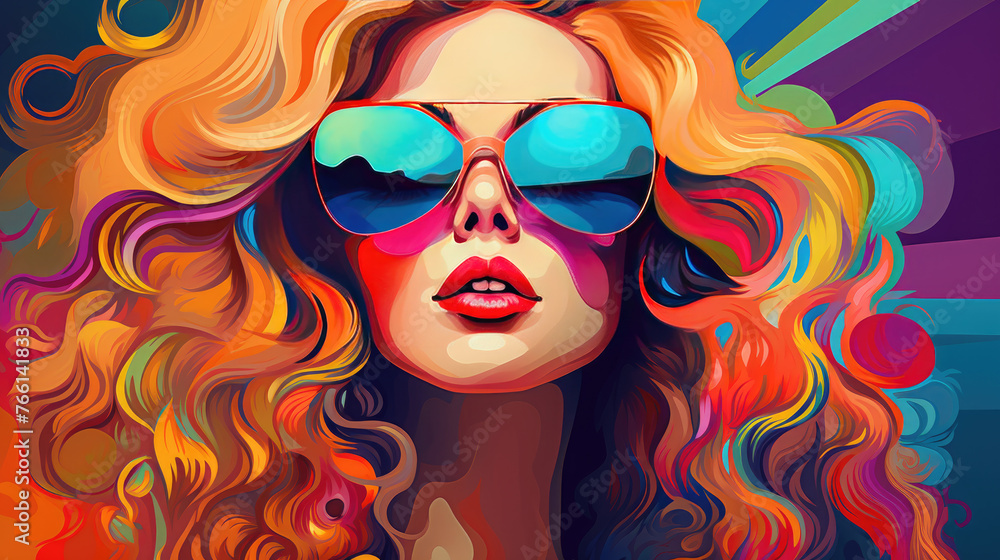 Closeup illustration of happy fair haired woman wearing sunglasses with her short curly hair and smiling, enjoying the summer season outside.