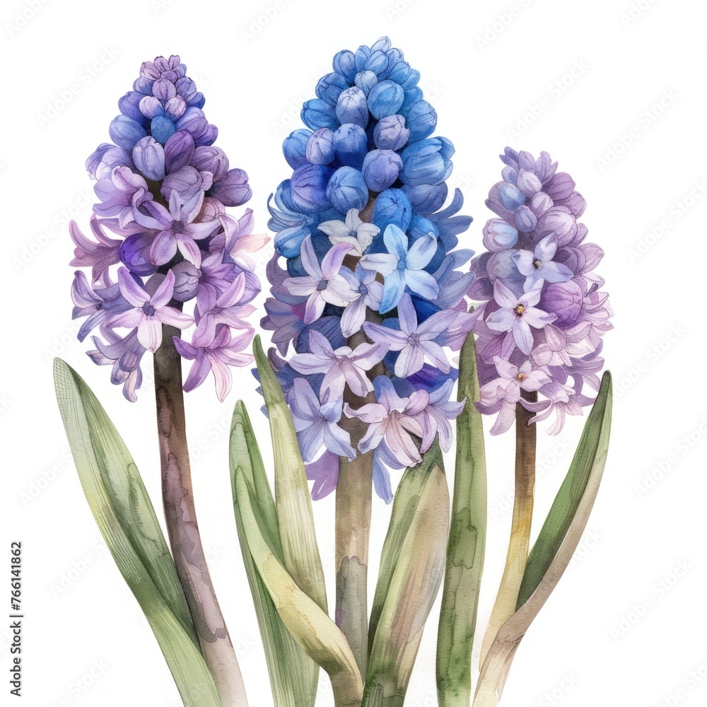 Fototapeta premium Watercolor hyacinth clipart featuring fragrant blooms in shades of purple and blue , on white background