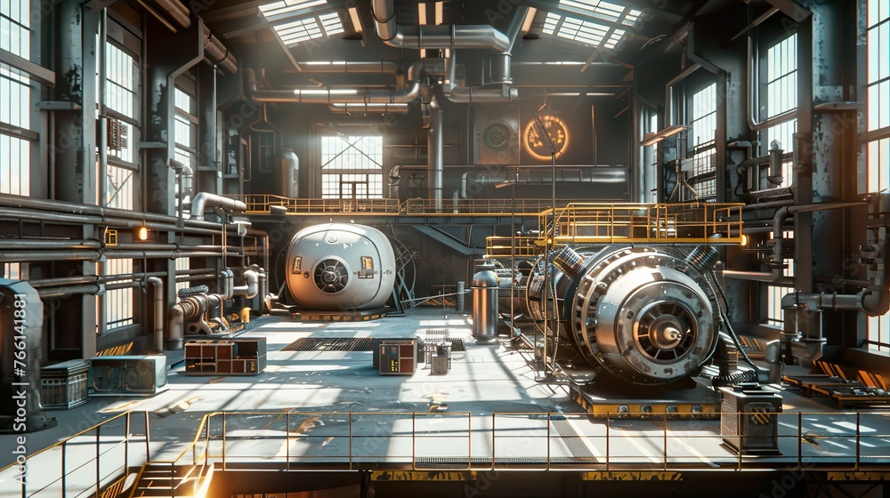 A modern industrial factory interior with state-of-the-art machinery and equipment, perfect for adding a high-tech and industrial look to designs.