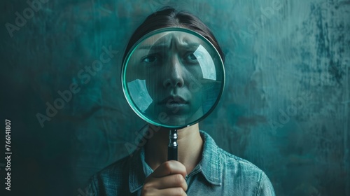 A person with a magnifying glass above their head, symbolizing deep thought and introspection