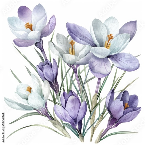 Watercolor iris clipart with intricate purple and blue blooms   on white background