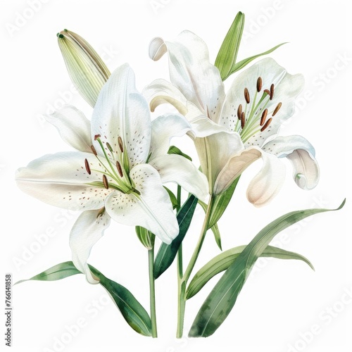 Watercolor lily clipart with elegant white petals and green stems   on white background