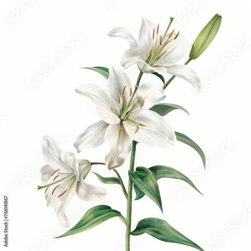 Watercolor lily clipart with elegant white petals and green stems , on white background © Pungu x
