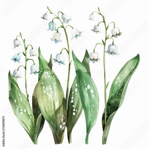 Watercolor lily of the valley clipart with small white bellshaped flowers , on white background photo