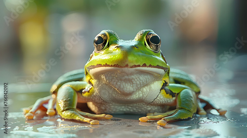 Green Frog on leaf in water of macro photo shot 