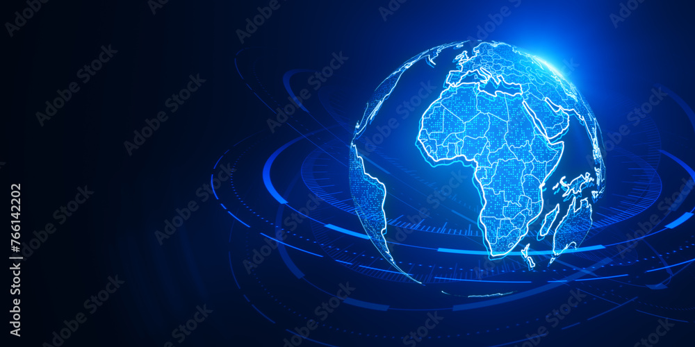 Creative glowing futuristic blue globe hologram on blurry background. Digital innovation and technology concept. 3D Rendering. - obrazy, fototapety, plakaty 