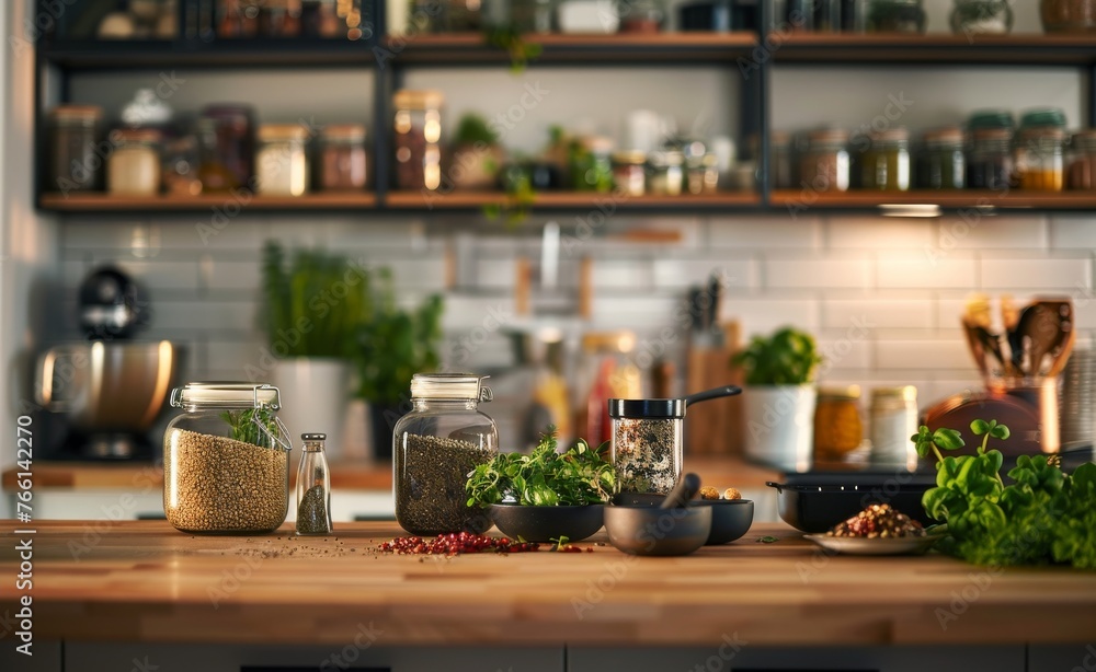 A kitchen scene with a variety of spices and herbs, focusing on the health benefits of cooking with natural flavor enhancers.