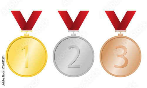 Three medals on a white background, vector illustration, gold, silver and bronze