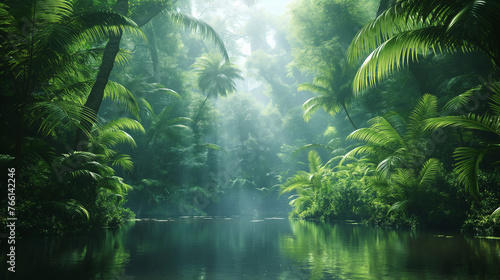 Tropical dense forest and environmental technology. Wide angle visual for banners or advertisements.