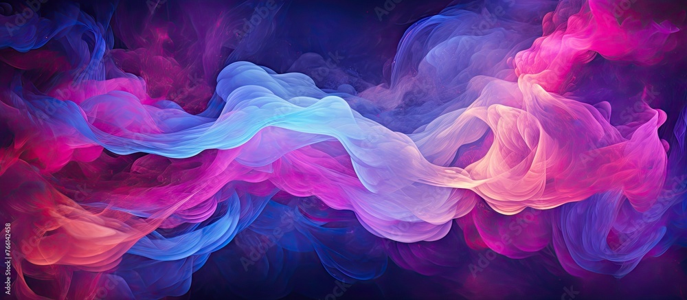 Fototapeta premium A close up of vibrant purple and magenta smoke billowing out of a bottle against a dark background, creating a mesmerizing electric blue cloud pattern reminiscent of a petalfilled sky