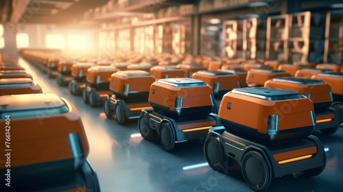 A row of orange robots are lined up in a warehouse