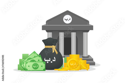 Bank building 3d icon. Gold coins, banknote and bundles of money bag with Bahrain Dinar currency sign. Money savings, financial illustration icon.