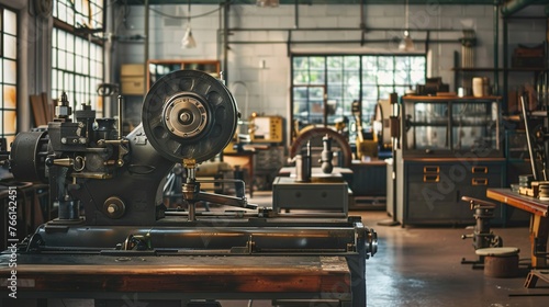 A retro industrial factory interior with vintage machinery and equipment, perfect for adding a nostalgic and industrial look to designs