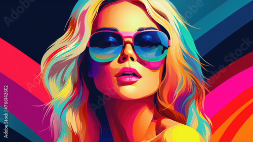 Closeup illustration of happy fair haired woman wearing sunglasses with her short curly hair and smiling, enjoying the summer season outside. © ribelco
