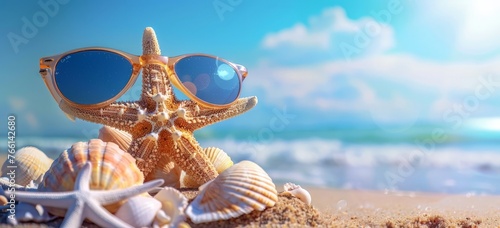 A starfish with sunglasses resting on a sandy beach under the sun