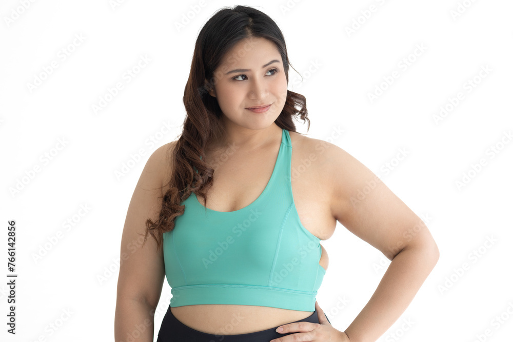 Portrait sporty chubby woman wearing exercise clothes Portrait sporty chubby woman wearing exercise clothes