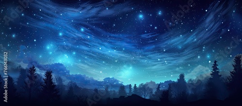 A mesmerizing painting depicting a starry night sky above a dense forest. The electric blue hues of the sky blend with the natural landscape, creating a serene and mystical atmosphere